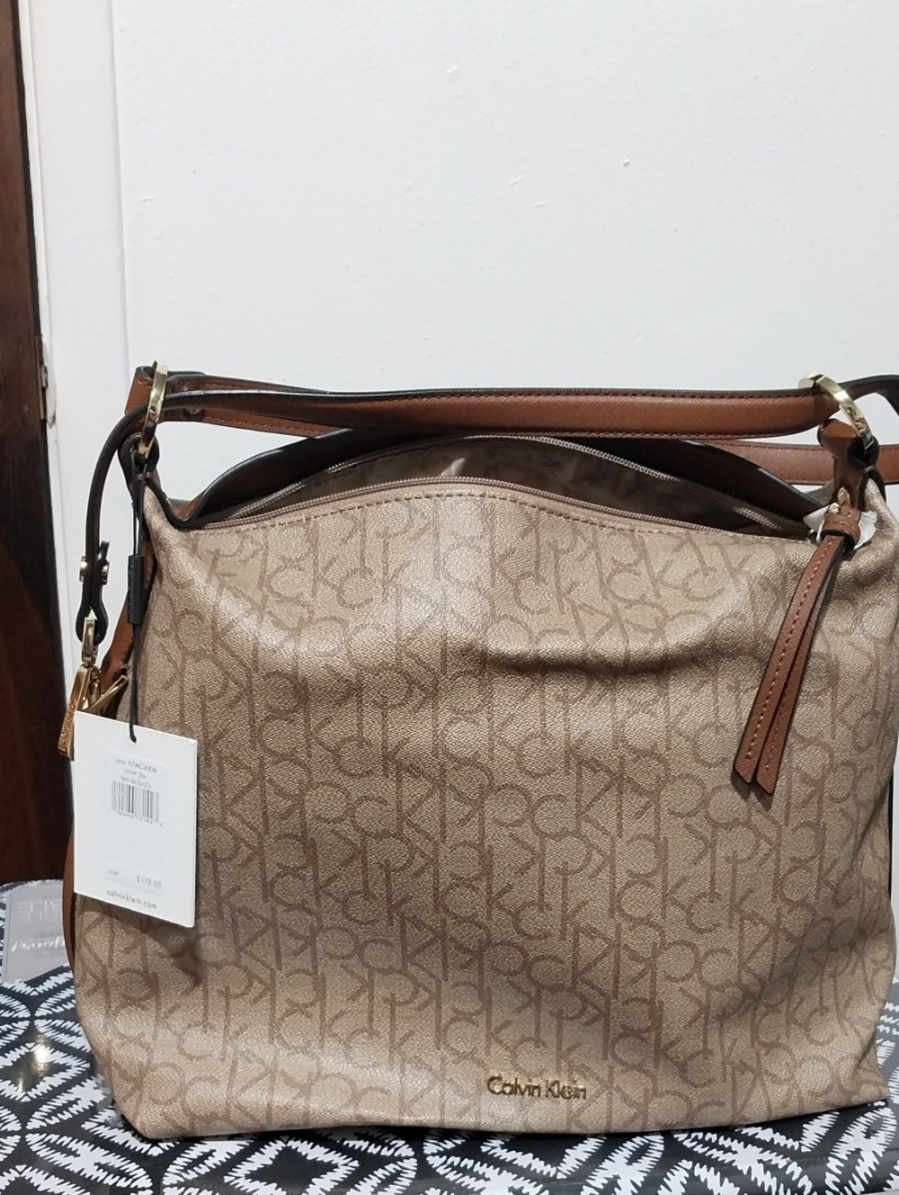 Calvin Klein Beige/Tan Logo-Print Shoulder Bag